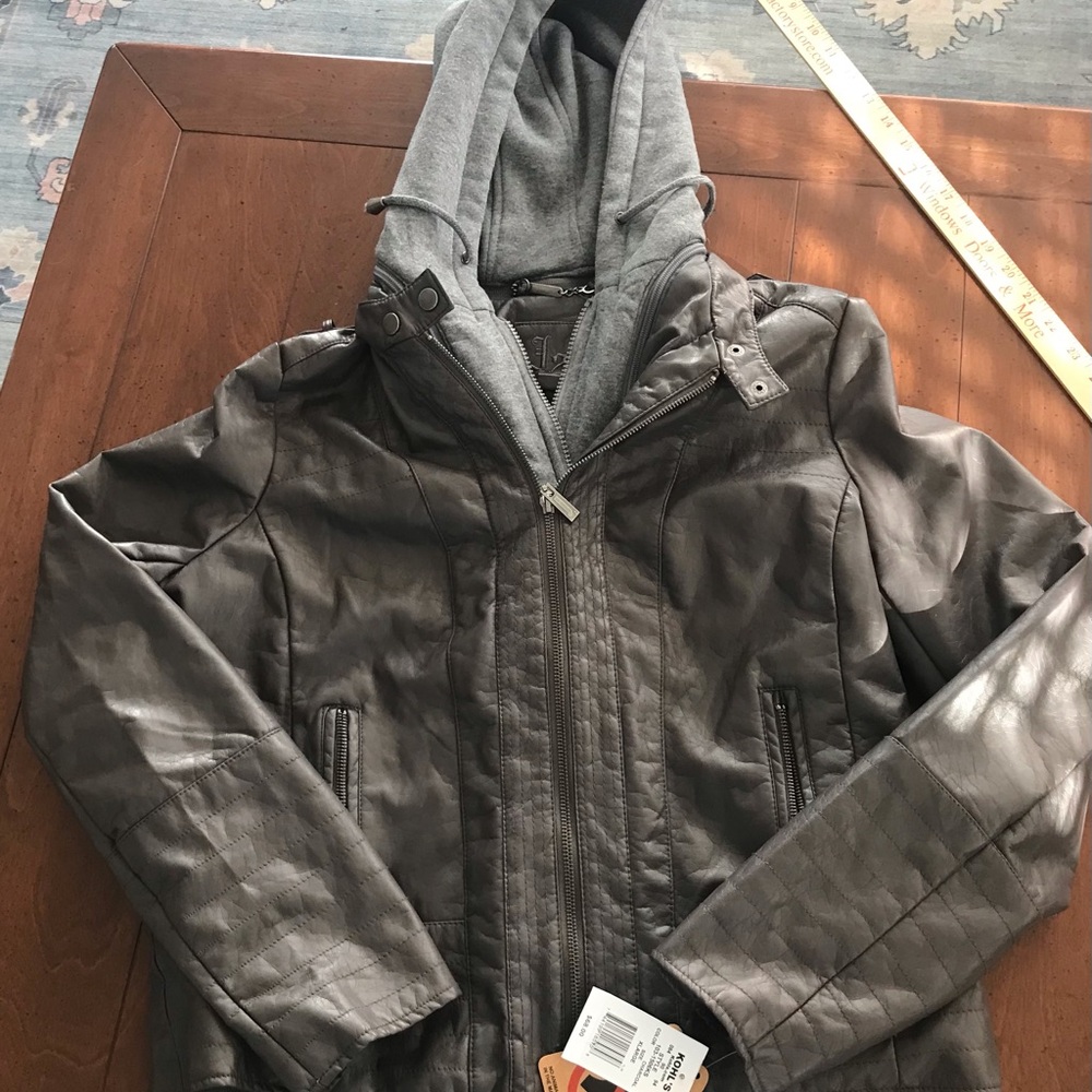 Gray Faux‎ Leather Jacket with Hood NWT